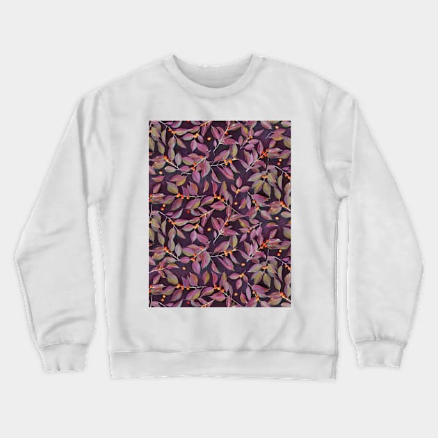 Leaves + Berries in Olive, Plum & Burnt Orange Crewneck Sweatshirt by micklyn